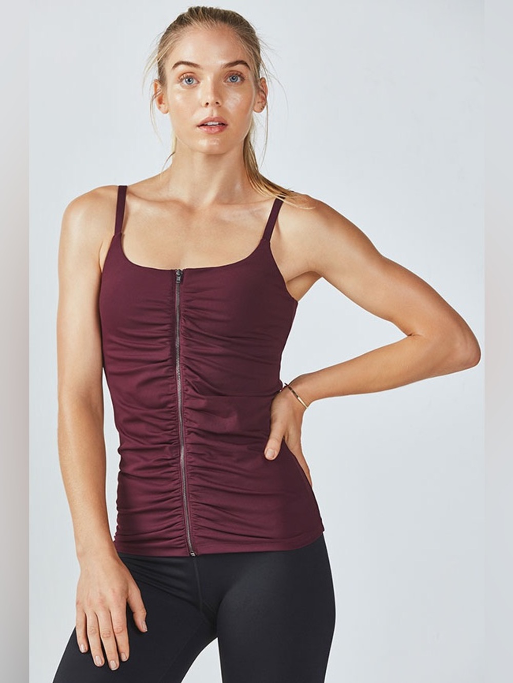 Fabletics Mia Tank Ruched Zip-Front Burgundy Tank Top